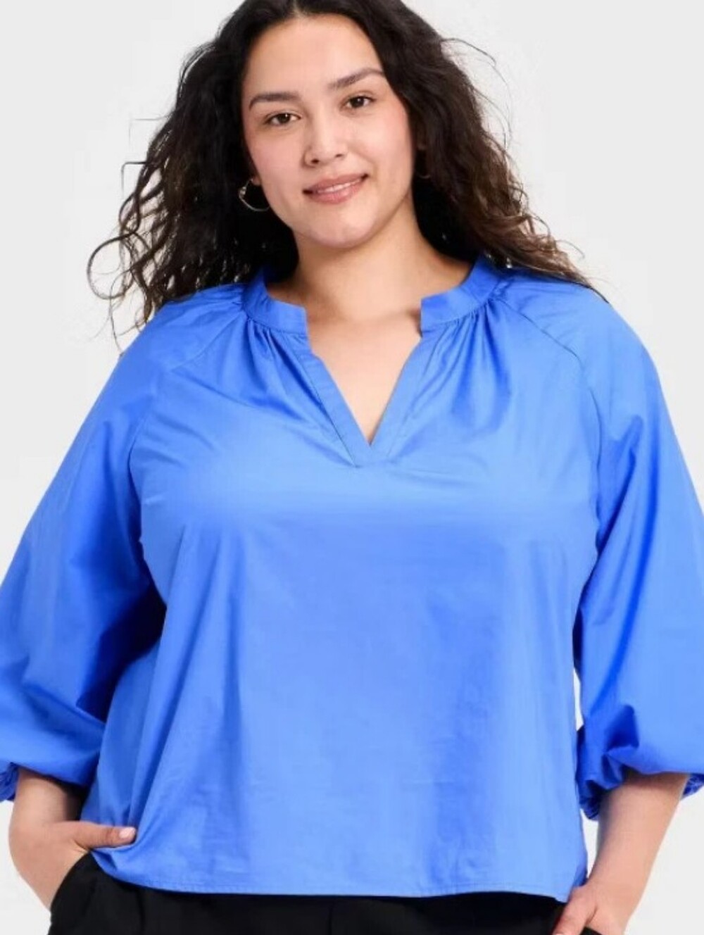 A New Day Blue Balloon Sleeve Blouse In Vibrant Blue V-Neck Poplin Top 2X